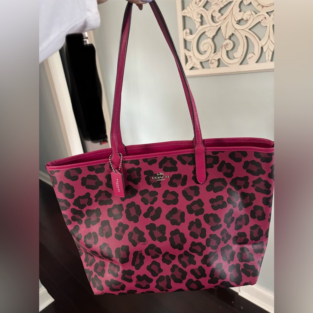 Coach Fuchsia and Black Leopard Tote